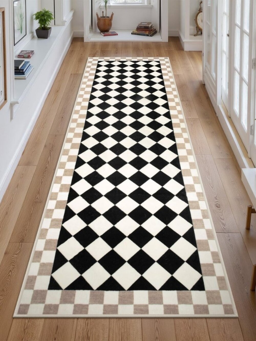 Checkered Rug Runner for Kitchen, 2x7 Black Washable Runner Rug for Hallway